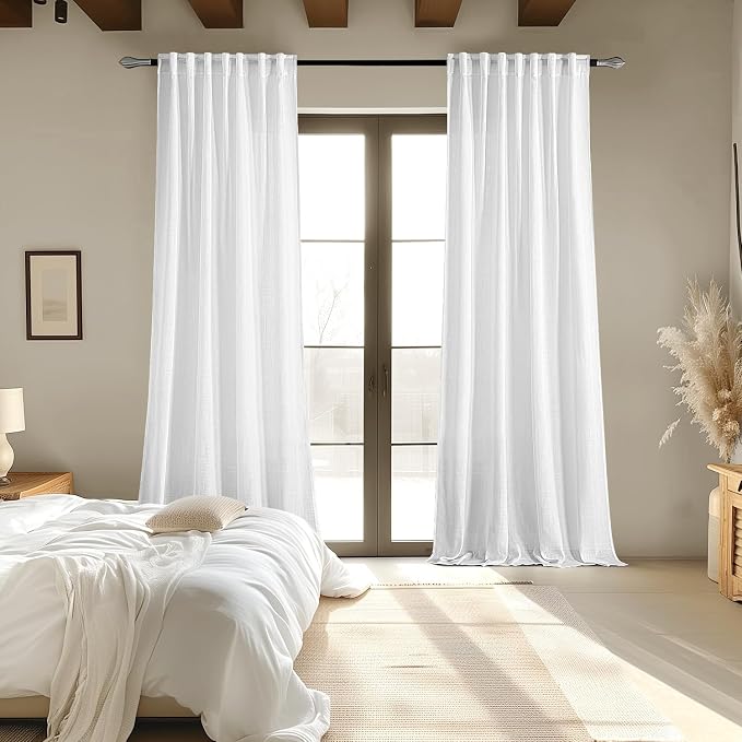 MIULEE White Linen Curtains 102 Inch Long 2 Panels for Bedroom Living Room, Soft Thick Linen Textured Back Tab Window Drapes Semi Sheer Light Filtering Rod Pocket Modern Farmhouse Decor