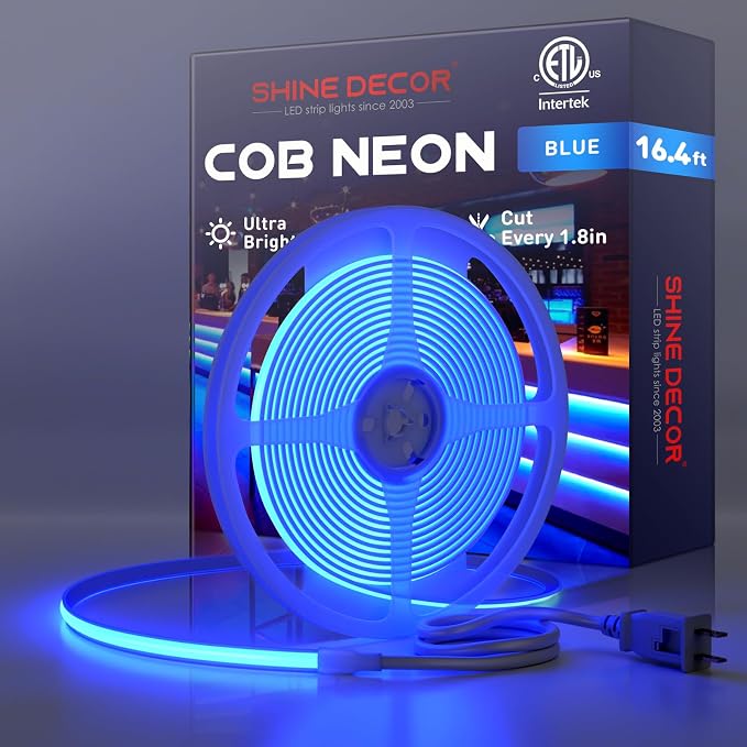 Shine Decor COB LED Rope Light AC 120V, 800lm Ultra Bright, IP65 Waterproof Cold-Resistant ETL Neon Strip, No Driver Tape Lighting for Home Commercial 10x4.5mm, Blue, 16.4ft