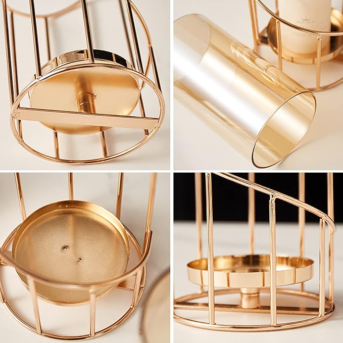 Metal Wire Candle Holder Set of 2, Glass Pillar Candle Holders Gold Decorative Tea Light Candleholders for Home Decor Table Decorations Centerpiece