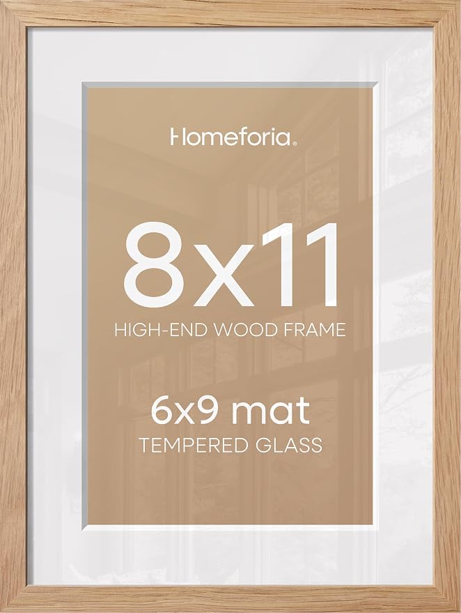 Homeforia 8x11 Picture Frame Wood, High End Natural Oak 8 x 11 Light Wooden Frames with Mat 6 by 9 inch Photo, 8by11 Frame Matted to 6x9 Art, Wall or Tabletop Frame, Tempered Glass, Wall Kit, Set of 3