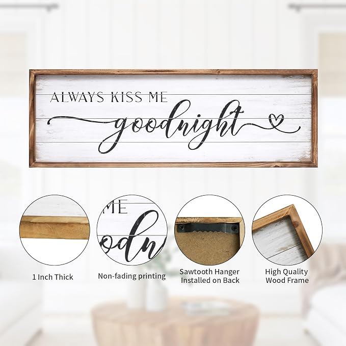 Large Above Bed Wall Decor Bedroom Sign Bedroom Decor with Solid Wood Frame for Couples, Always Kiss Me Goodnight Sign for Bedroom, Love Theme Wall Decor 42''×15''