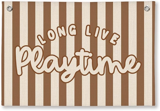 Playroom Decor for Boy, Long Live Playtime Wall Hanging Linen Banner, Blue Striped Wall Flag for Kids Room Nursery Playroom Decor, 20x30 Inch-Brown