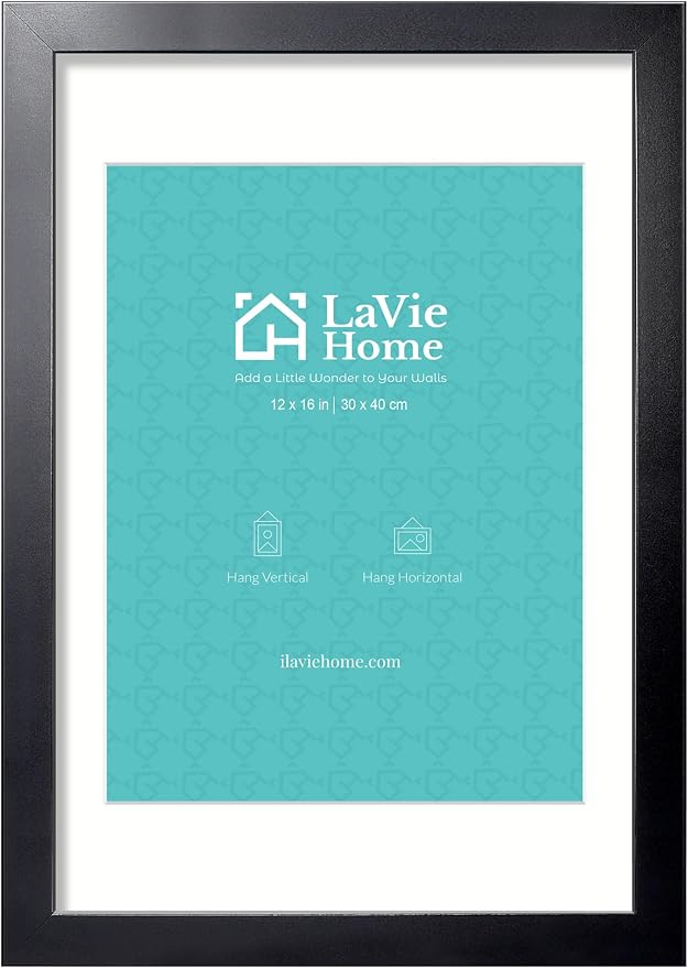 LaVie Home 12x16 Picture Frame, 12 x 16 Frame Display Pictures 8.5x11 with Mat or 12x16 Without Mat, Stable and Sturdy Black Frame and Polished Plexiglass, Horizontal and Vertical Format of The Walls