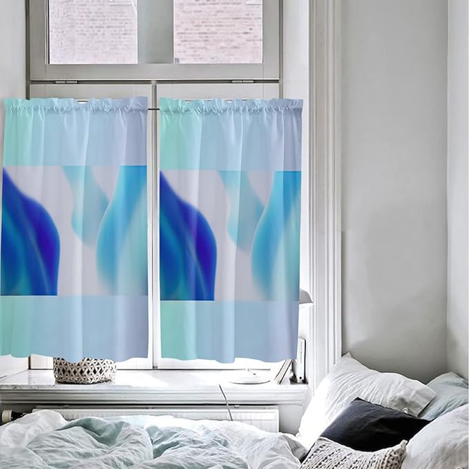 Kitchen Tier Curtains 45 inches Length, Blue White Ombre Teal Turquoise Gradient Window Curtains for Living Room Bath Cafe,Rod Pocket Light Filtering Drapes Short Half Window Treatment Tiers 2 Panels