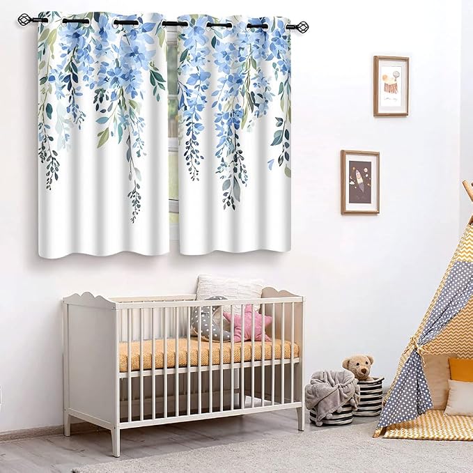 Blue Watercolor Floral Curtains, 52x63 inch, 2 Panels | Botanical Leaves Vine Flowers, Rustic Farmhouse Style, Blackout Window Treatment, For Bedroom Living Room