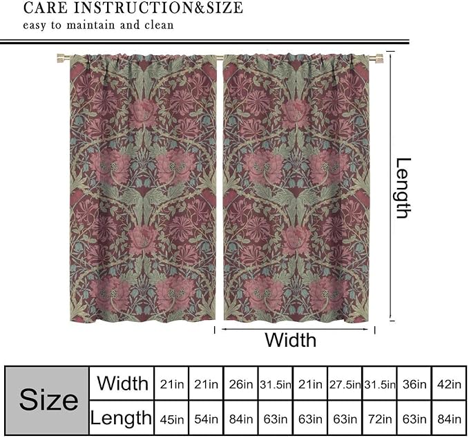 William Morris Art Vintage Flower Curtains, Rustic Retro Plant Nature Floral Print Blackout Window Treatments Drapes, for Living Room Bedroom Kitchen 21(W)*54(L) 2 Panels