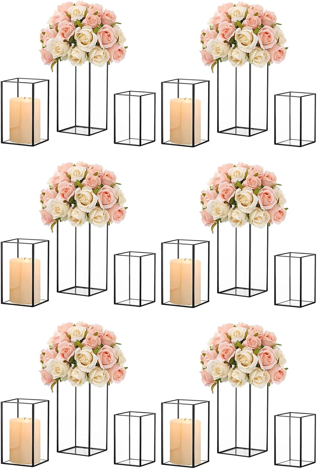 Hewory Glass Hurricane Candle Holder Set of 18, Black Large Hurricane Centerpiece for Table, Tall Floor Square Pillar Candle Holders Lantern Set for Wedding, Anniversary, Party, Fireplace, Dining Room