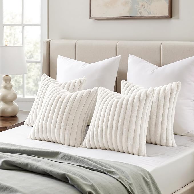 MIULEE Faux Fur Plush Decorative Throw Pillow Covers 20x20 Set of 4, Modern Soft Fuzzy Striped Cushion Covers for Spring Sofa Couch Bed Living Room Cozy Home Decor,Pure White