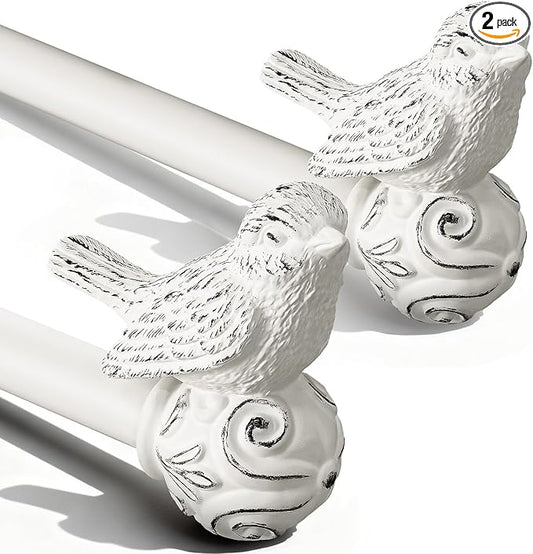 2 Pack White Curtain Rods for Windows 28 to 48 Inch, Vintage Decorative Curtain Rod with Gold Bird Finials, 1'' Adjustable Heavy Duty Drapery Rod Set for Bedroom Living Room Kitchen,18-60''