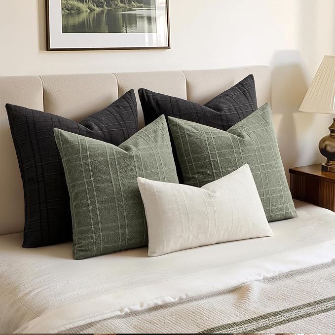 MIULEE Decorative Linen Check Lumar Throw Pillow Covers Neutral Farmhouse Vintage Spring Pillow Covers 12x20 Set of 2 Boho Modern Home Decor for Sofa Couch Bedroom Cushion Olive Green