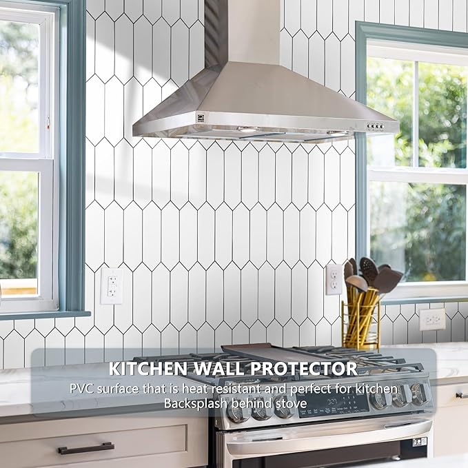 Vamos Tile 1 Sheet Glossy White Backsplash Tile Peel and Stick, 12.8 x 12.8 Inch Long Hexagon PVC Self Adhesive Mosaic Wall Tiles Stick on Backsplash for Kitchen and Bathroom