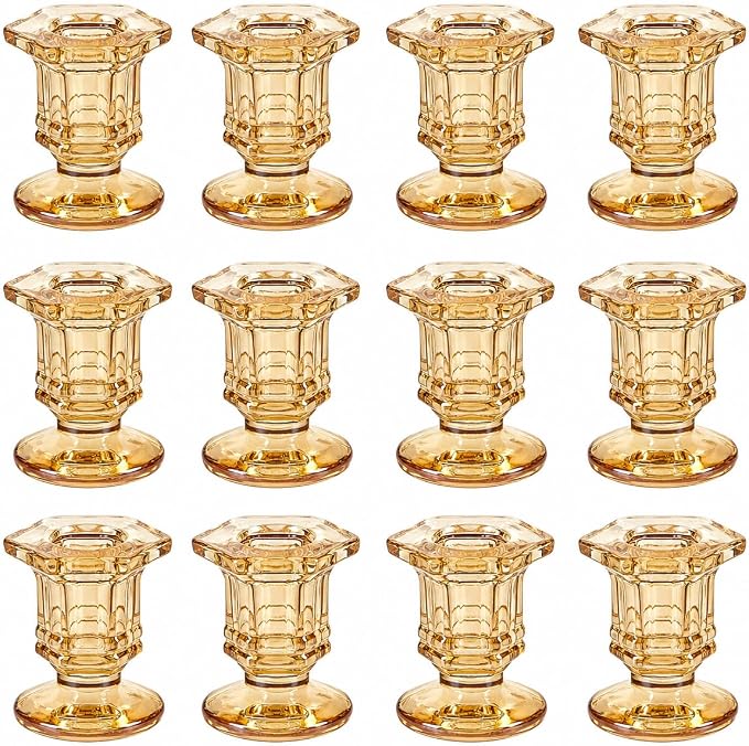 Lanttu 12 Pcs Gold Glass Candle Holders Set Candlestick Holders Bulk | Taper Candle Holders for Wedding, Festival Table Centerpiece,Home Decoration