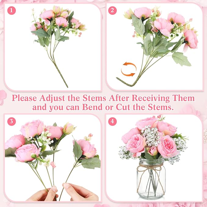 Zeyune 12 Sets Mason Jar Centerpiece Table Decorations, Artificial Peony Baby's Breath Flower Bouquets, Faux Flowers with Vase, Rustic Decor Gifts for Home, Wedding, Holiday (Coral Pink)