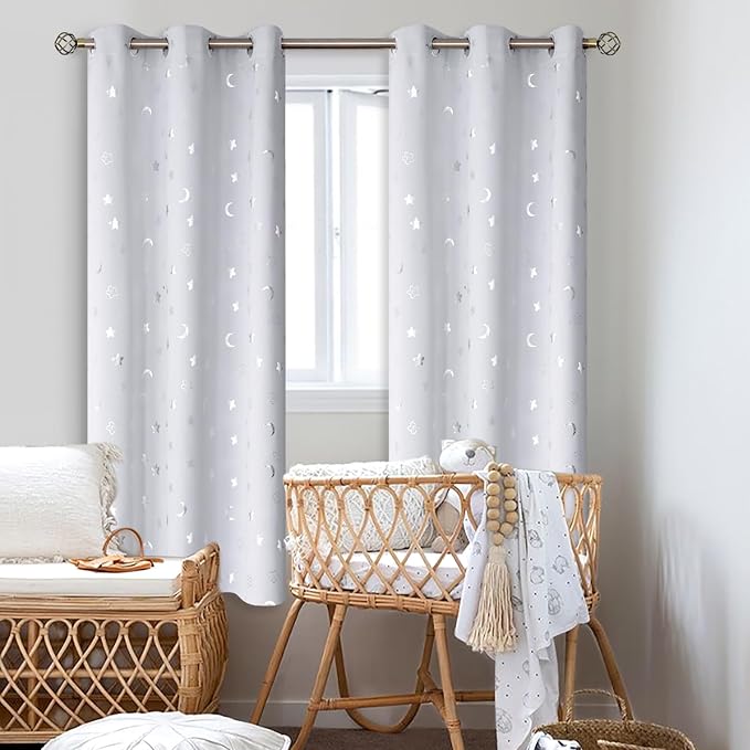 BGment Nursery Curtains for Kids Room, Star and Moon Room Darkening Curtains for Girls Boys Bedroom, BlackoutThermal Insulated Decoration Window Grommet Curtains, 2 Panels, 42 x 72 Inch, Greyish White