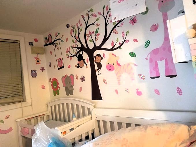 DEKOSH Pink Jungle Baby Nursery Wall Decal Peel & Stick Colorful Owl Giraffe Lion Animal Wall Stickers for Kids Room