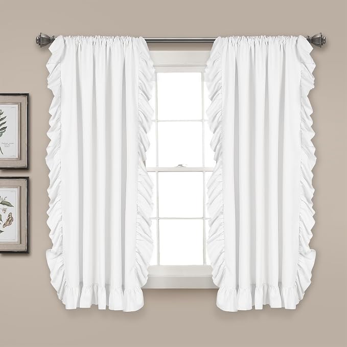 Lush Decor Reyna Ruffle Window Curtain Panel Set, Pair, 54" W x 45" L, White - Flowy Curtain Set - Romantic Ruffle Curtains for Bedroom, Living room, or Dining Room - Farmhouse & Cottage Home Decor