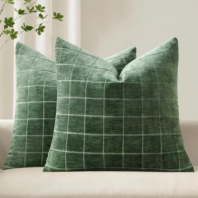 MIULEE Moss Green Plaid Decorative Throw Pillow Covers 22x22 Set of 2 | Vintage Check Chenille Couch Pillows Neutral Boho Farmhouse Cushion Covers Modern Home Decor for Sofa Bed Living Room