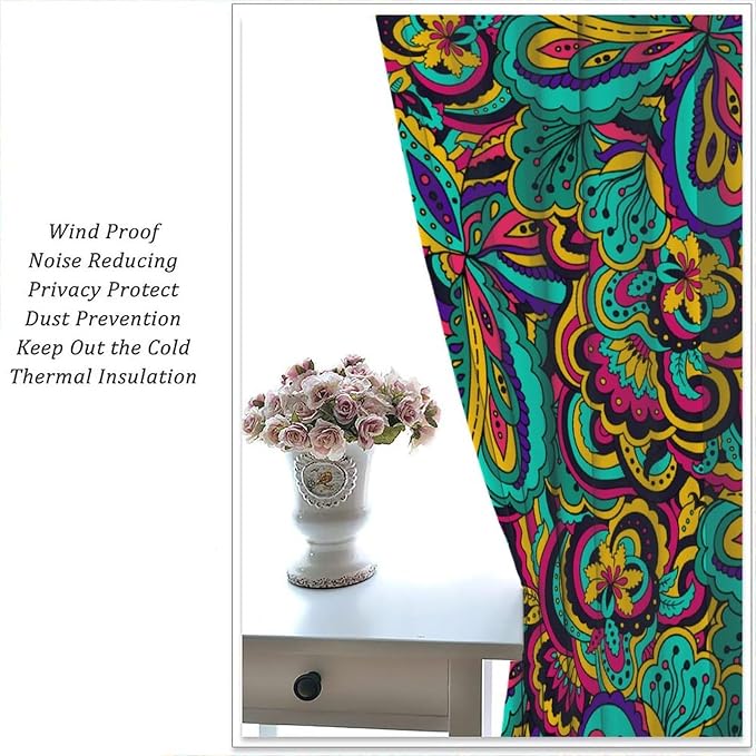 Bohemian Dream Curtains, Colorful Paisley Floral Pattern, Blackout and Soundproof Curtains for Bedrooms, Living Rooms, and Kitchens84X84 Inch