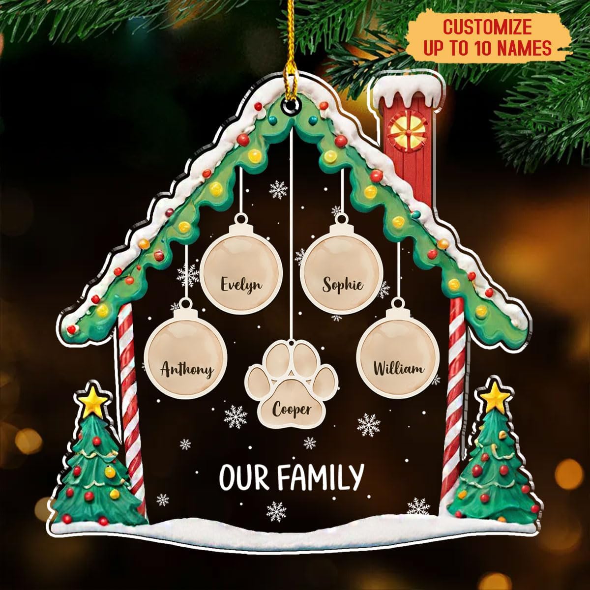 Personalized Family Christmas Acrylic Ornament 2024 - Custom Name Charms Family Members up to 10 People and Pets, Paw Charm Ornament Gifts for Family Tree Decoration (A02, 2 Names)