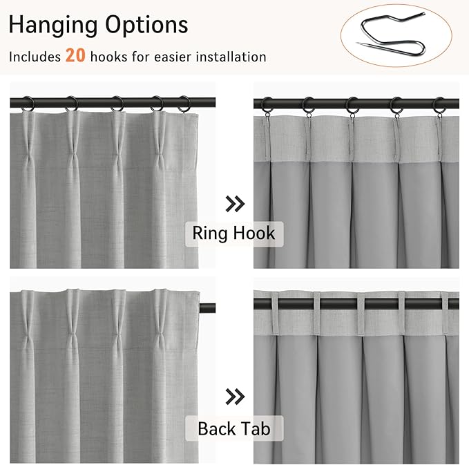 100% Blackout Shield Linen Look Textured Pinch Pleated Curtains Blackout Drapes 108 Inch Long 2 Panels Set, Faux Linen Blackout Curtains for Bedroom & Living Room, 40" W x 108" L, Grey