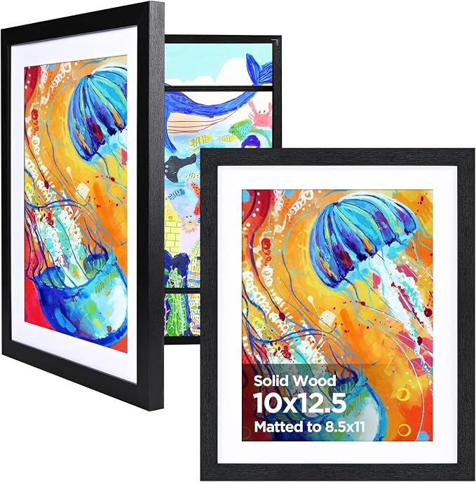 KINLINK 10x12.5 Kids Art Frame 2 Pack, Solid Wood Artwork Frames Changeable, Front Opening Hold 150 Pictures, Art Frames for Kids Artwork, 8.5x11 with Mat 10x12.5 without Mat, Picture Frames Black