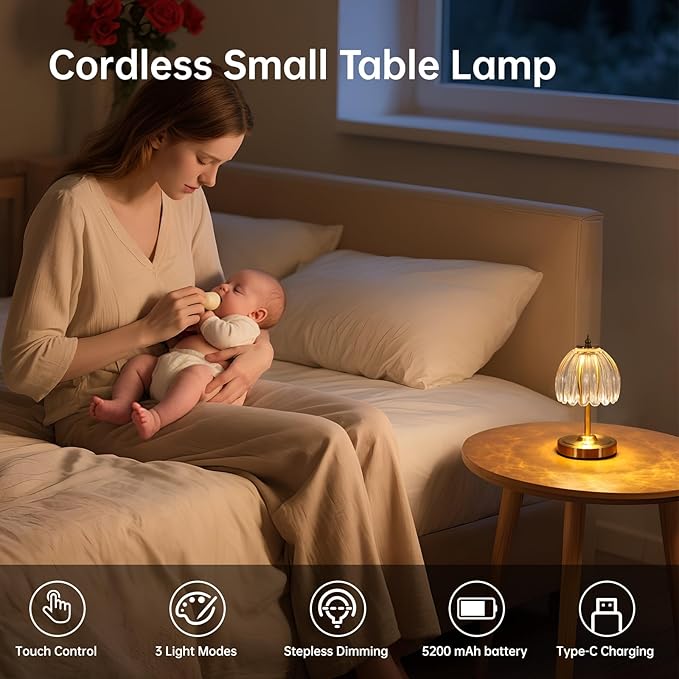 Shenmoyl Tulip Small Table Lamp, 5200mAh Cordless Touch Control Mini Table Lamp with 3 Color Temps & Stepless Dimming, Perfect for Small Spaces like Dressers, Bedsides, Bookshelves (Transparent Tulip)