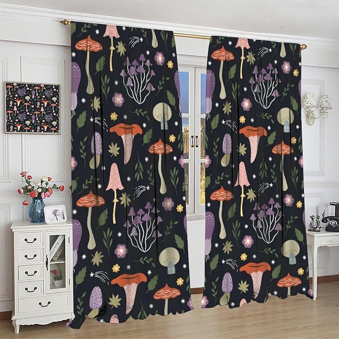 Mushroom Semi Sheer Curtains,Colorful Plant Forest Botanical Print Window Treatments for Bedroom Living Room Kitchen Cartoon Herbs Floral Window Drapes 2 Panels Set,Total Size 42 x 45 Inch