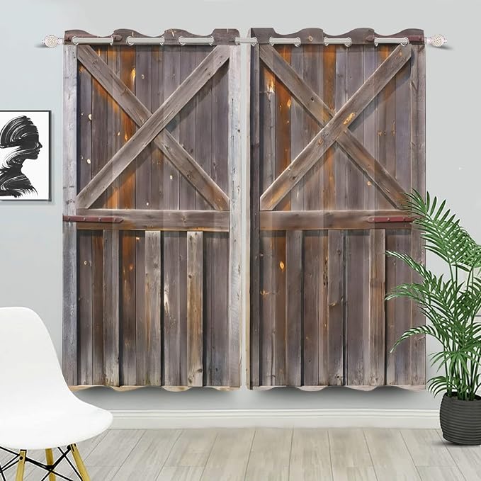 Rustic Wooden Curtains Vintage Wood Barn Door Window Curtains Old Garage Door American Native Country Farmhouse Rural Farm Style Living Room Window Drapes Treatment,42x96 inch,2 Panels