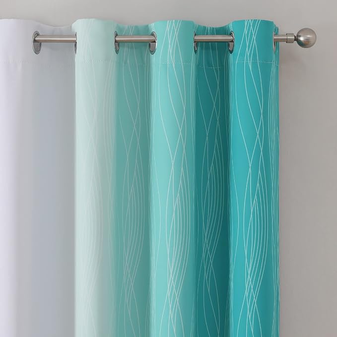 Estelar Textiler Teal and Greyish White Blackout Curtains 63 Inches Long, Room Darkening Grommet Curtains for Bedroom, Thermal Insulated Ombre Blackout Drapes for Living Room, 52Wx63L, 2 Panels