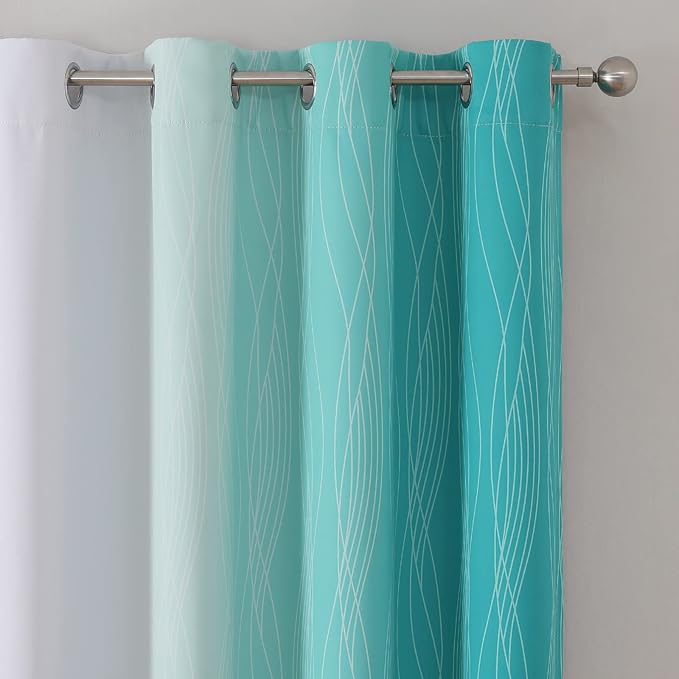 Estelar Textiler Teal and Greyish White Blackout Curtains 102 Inch Length 2 Panels Set, Thermal Insulated Ombre Grommet Drapes for Bedroom, Room Darkening Gradient Curtains for Living Room, 52Wx102L