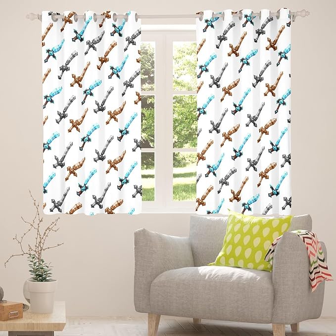 Castle Fairy Cartoon Sword Window Curtain,Pixelated Themed Swords Bedroom Decor Curtains,Kids Teens Miner Video Games Window Treatment Black White Checkered Blackout Drapes 2 Panels,52Wx90L