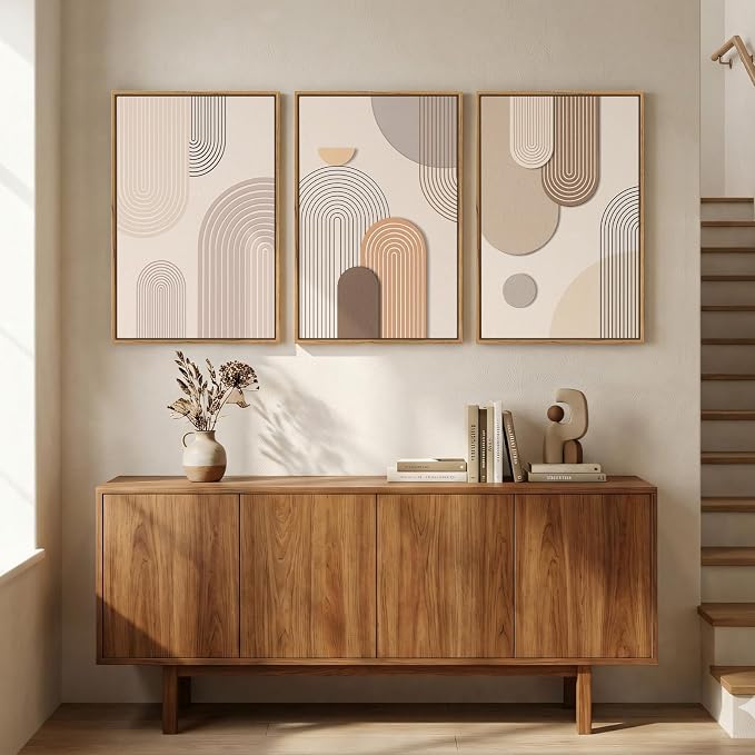 3 Piece Framed Neutral Boho Wall Art for Living Room, Large Minimalist Abstract Canvas Artwork for Walls, Mid Century Modern Beige Geometric Prints Paintings for Bedroom Hallway Wall Decor 16x24 Inch