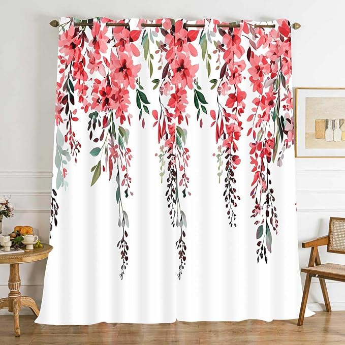 Red Watercolor Floral Curtains, Botanical Leaves Vine Flowers Curtain, Rustic Farmhouse Flower Leaf Blackout Window Treatment Drapes for Bedroom Living Room 42x96 inch, 2 Panels