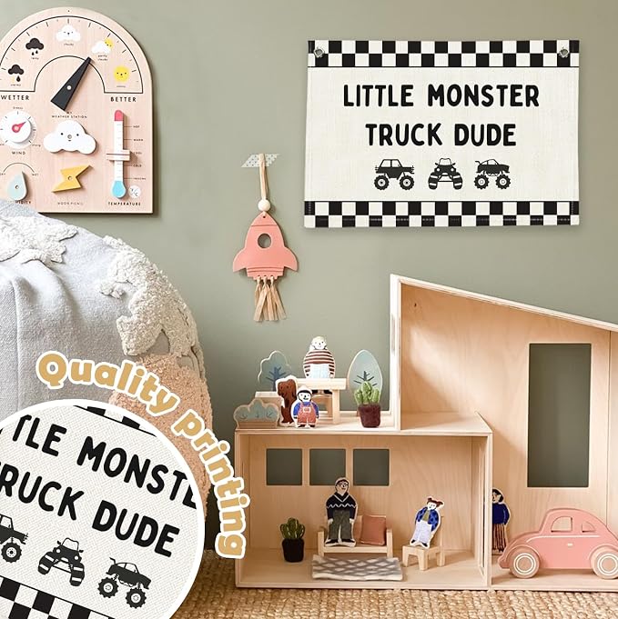 RTXLEZM Little Monster Truck Dude Room Decor, Kids Room Decor | Monster Truck Car Wall Canvas Banner Hanging,Checkered for Toddler Playroom Kids Room Nursery Boys Toy Room Bedroom 20x30