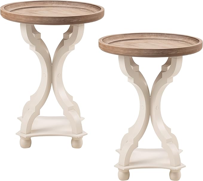 Set of 2 Rustic Farmhouse Cottagecore Accent End Table, Natural Tray Top Side Table Nightstand for Family, Dinning or Living Room, Handcrafted Finish, Modern, White (2 Pack)