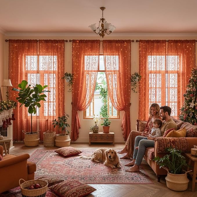 WAZZIO Boho Lace Curtains 108 Inch 2 Panels-Vintage Sheer Panel Drape Floral Pattern & Tassel Light Filtering Privacy for Bedroom Dining Living Room,Cottage Earthy Full Decor Terracotta,W52 x 108L
