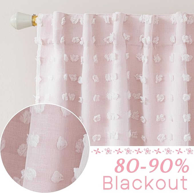 Lino Rosa Kids Blackout Curtains 96 Inches Long for Princess Girls Bedroom,Baby Pink Ruffle Pom Pom Dreamy Frilly Fluffy Black Out Curtains for Nursery 2 Panel Set