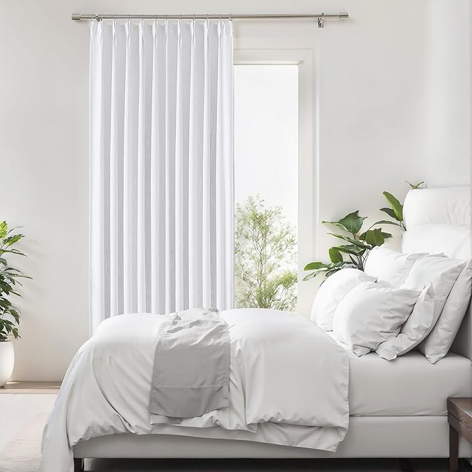 White Pinch Pleated Full Blackout Curtains Linen Texture Noise Reducing Window Treatment Panel 102 Inches Long for Living Room Bedroom Thermal Insulated Back Tab Drapes with Hooks, 1 Panel, 60"Wx102"L