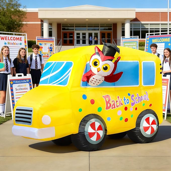 DomKom 6FT Back to School Inflatable Professor Owl & School Bus with LED Lights – Blow Up Decor for Kindergarten First Day, Welcome Back & Graduation Parties, Ideal for Patio, Garden & Yard Décor