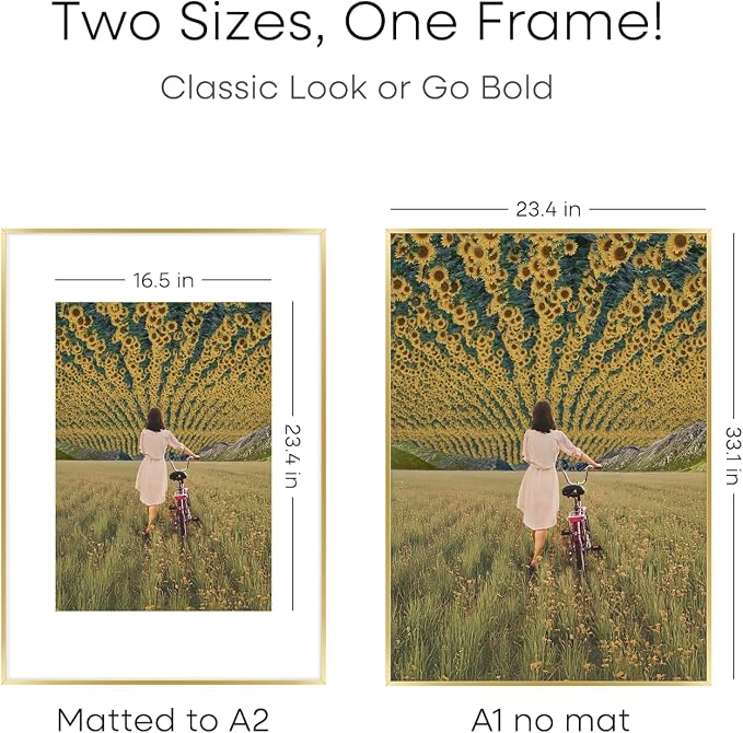Homeforia A1 Poster Frame Gold, High End Metal 23.4 x 33.1 inches Large Picture Frames with Mat 16.5 x 23.4 for Photo, A1 Size Frames Matted to A2 Print, 23.4x33.1 Thin Frame, Tempered Glass, Set of 2
