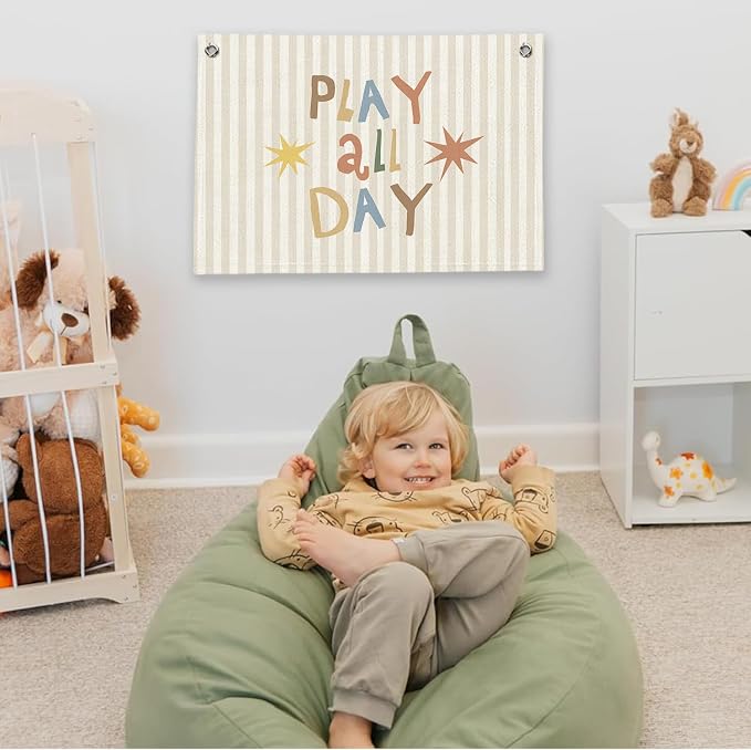 RTXLEZM Playroom Wall Decor,Play All Day Canvas Banner Hanging | Neutral Striped Play Room Wall Art for Kids Little Toddler Boy Girl Nursery Room Bedroom Playroom Classroom Decor 20x30