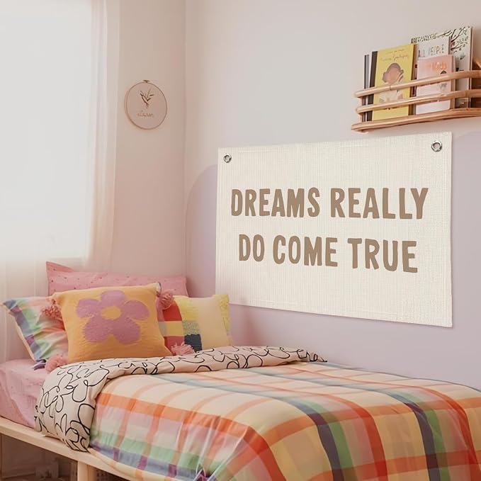 Motivational Positive Banner, Dreams Really Do Come True Linen Banner Wall Hanging Banner Flag Decor For Boy Girl Kids Room Nursery Playroom