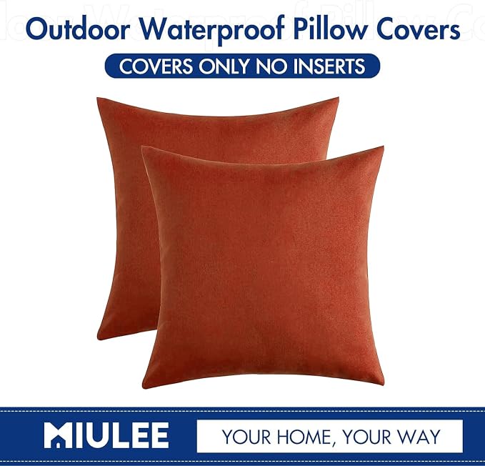MIULEE Pack of 2 Decorative Outdoor Solid Waterproof Throw Pillow Covers Euro Sham Faux Linen Garden Farmhouse Cushion Cases for Summer Patio Tent Balcony Couch Sofa 24x24 Inch Burnt Orange