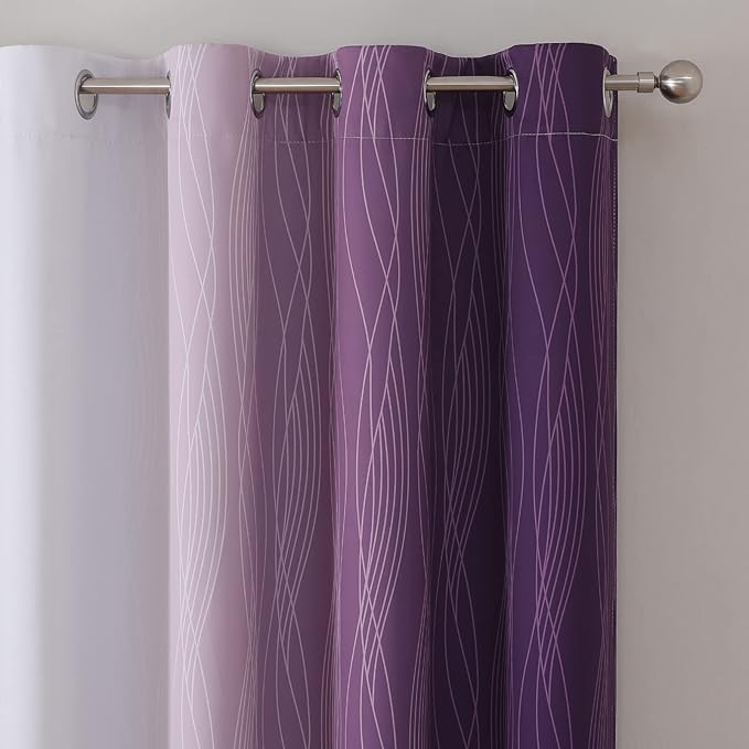 Estelar Textiler Purple and Greyish White Blackout Curtains 45 Inch Length, Light Blocking Gradient Drapes for Bedroom, Thermal Insulated Grommet Ombre Curtains for Bathroom,52Wx45L,2 Panels