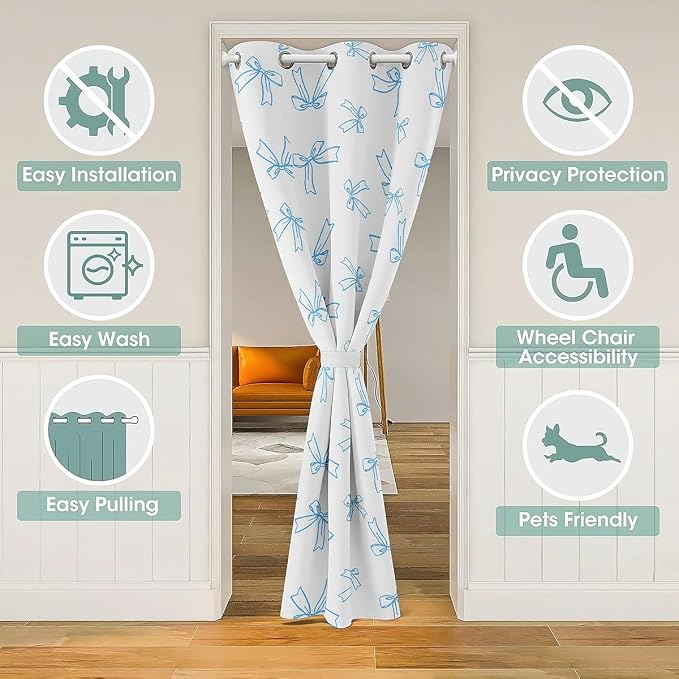 Feelyou Blue Bowknot Door Curtain for Doorway Privacy Dreamy Princess Style Closet Door Cover Curtain for Bedroom Living Room Set Watercolor Bow Room Blackout Curtain White Blue Bow 1 Panel, 34"x80"