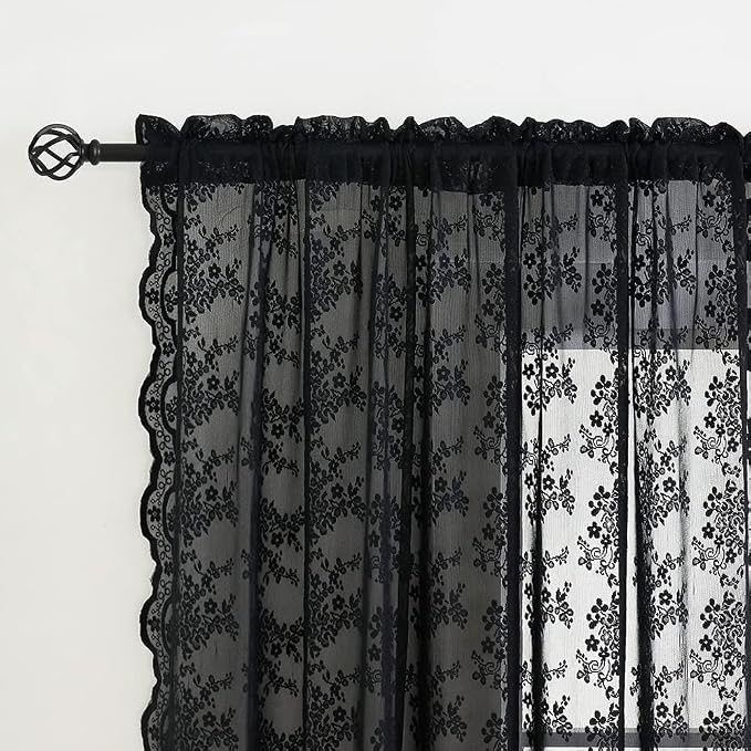 YJ YANJUN Vintage Lace Curtains 45 Inch Length-Victorian Dark Floral Pattern Black Sheer Curtain Panels for Kitchen Bedroom,Light Filtering, Gothic Witchy Halloween Short Drapes 2 Panels 52W x 45L