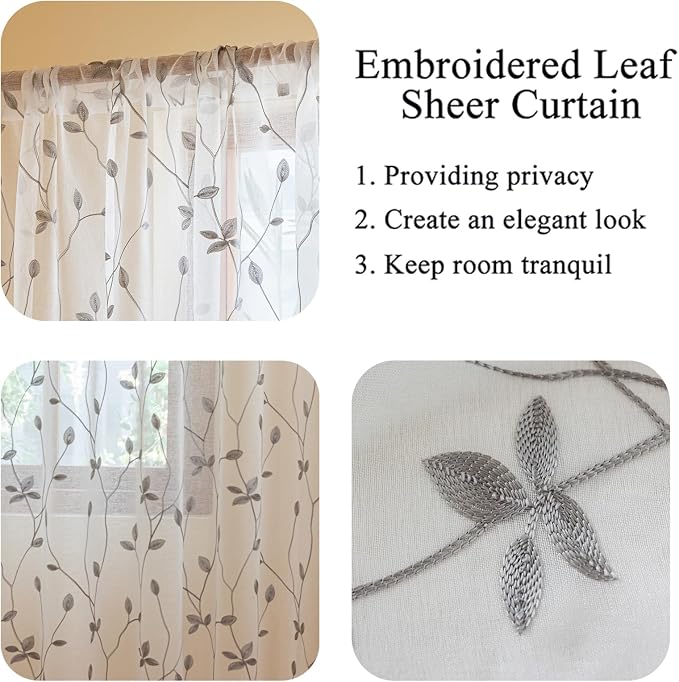 AmHoo 2 Panels Embroidered Leaf Pattern Semi Sheer Curtains Foliage Floral Voile Window Draperies Treatment for Bedroom Living Room Rod Pocket White Light Gray 53 x 95 Inch