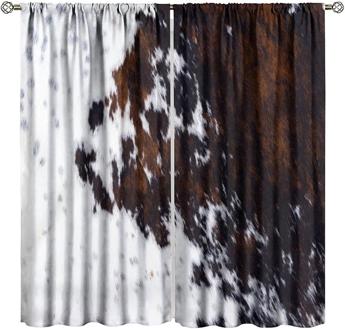 Cowhide Blackout Curtain, Western Cow Print Rustic Brown Black White Animal Fur Skin Drapes, Window Treatments Rod Pocket 2 Panels Curtains for Kitchen Bedroom Living Room Office Deocr 63"W X 63"L