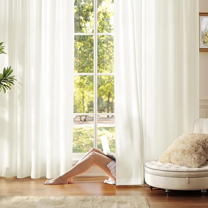 Anmao Non-See-Through Cream Privacy Semi Sheer Curtains for Living Room 45 Inch Length 2 Panels Set, Light Filtering That Let Light in Rod Pocket Window Drapes for Bedroom, 52W x 45L, Beige Yellow