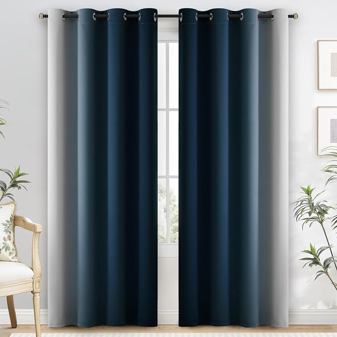 Yakamok 100% Blackout Curtains Ombre Navy Blue Curtains for Bedroom 84 Inch | 2 Layers,Room Darkening Grommet Gradient Drapes,Light Blocking Thermal Insulated Window Curtains for Living Room 52W x 84 L